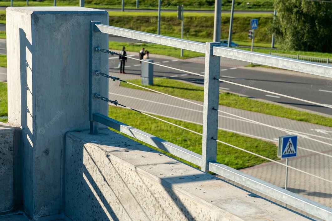 modern metal fence made metal profiles cables connection fastening iron cables with steel turnbuckles metal fastening two steel rope fencing around perimeter roof 678914 6732